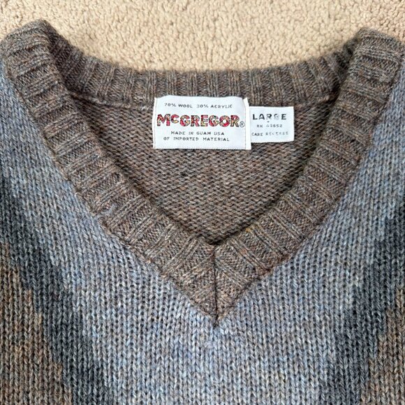McGregor Sweater Mens L Brown Gray Vintage 90s Wool Blend Preppy Guam USA Stripe - Picture 2 of 5